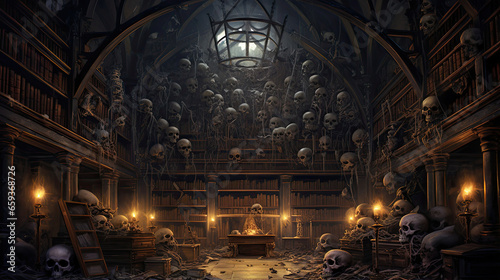 Skulls in Cobweb-Covered Library © javier