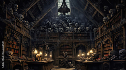 Skulls in Cobweb-Covered Library