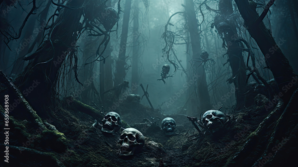 Skulls in the Misty Fog of an Enchanted Forest