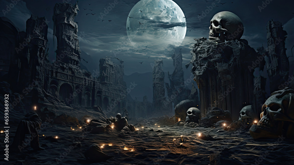 Fototapeta premium Skulls Among Crumbling Statues