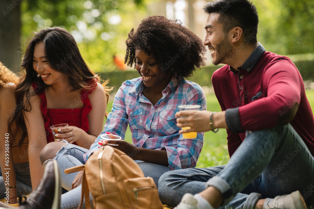 Multi-ethnic group of friends having fun in a park