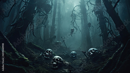 Skulls in the Misty Fog of an Enchanted Forest