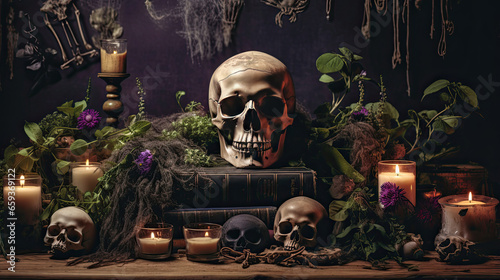 Skulls Among Rustic Witchcraft Supplies