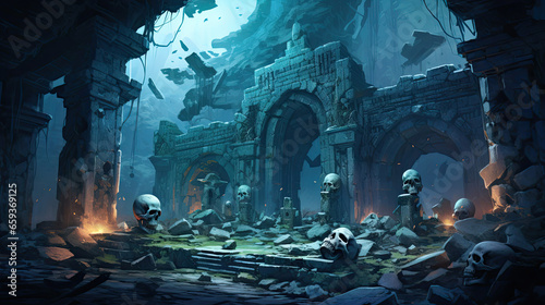 Skulls in the Crumbling Ruins of an Altar
