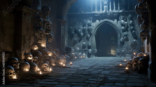 Skulls in a Ghostly Castle's Courtyard