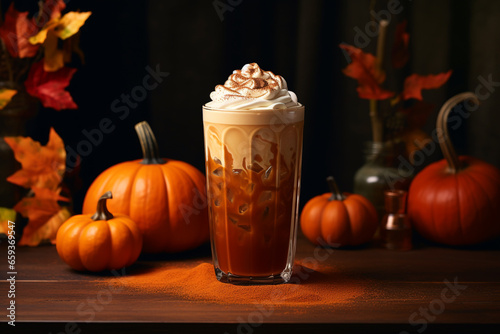 Iced coffee with caramel and whipped cream on a dark background.