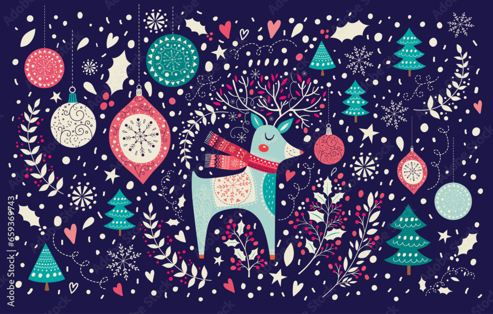 Vector Christmas illustration with beautiful Christmas deer, toys and snowflakes. Decorative Christmas and New Year banner. Greeting Christmas card 