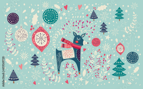 Vector Christmas illustration with beautiful Christmas deer, toys and snowflakes. Decorative Christmas and New Year banner. Greeting Christmas card 