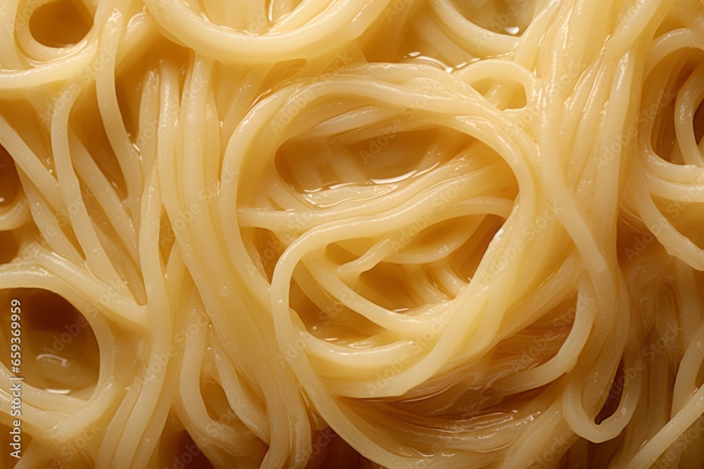 a macro close-up image of cooked italian pasta noodles spaghetti or linguine with cream sauce and ground black pepper filling the frame. a macro close-up image of cooked italian pasta noodles spaghetti or linguine with cream sauce and ground black pepper filling the frame.