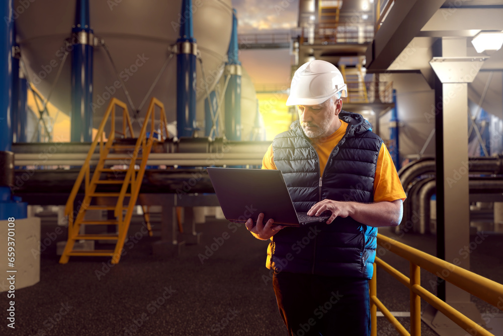 Man factory technologist. BPVC on territory of industrial enterprise. Man technologist with laptop near spherical tanks. Chemical factory employee. Industrialist on territory of evening factory Man factory technologist. BPVC on territory of industrial enterprise. Man technologist with laptop near spherical tanks. Chemical factory employee. Industrialist on territory of evening factory
