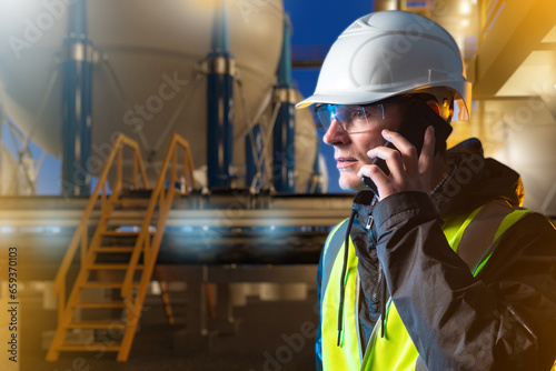 Man oil worker speaks on ph...