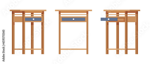 Tall nightstand with storage drawer natural wood brown set. Side sofa table, plant, telephone stand, bedside item. Vector flat style cartoon home, office furniture objects isolated on white background
