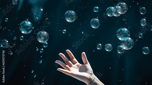 Someone is attempting to catch soap bubbles. Hands attempting to capture floating soap bubbles.