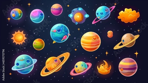 Set of vector space icons. Cartoon things include an astronaut, a planet, a satellite, a rocket, and a comet.