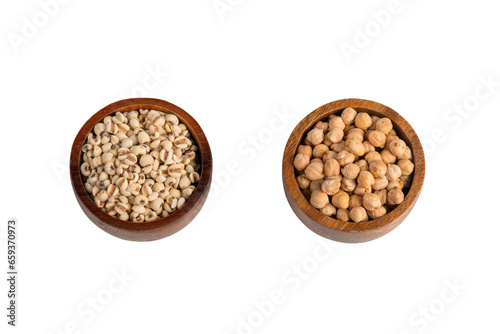 Flat lay pile of Job's tears ( Adlay millet) and Heap of Job's tears in a basket wooden on transparent background