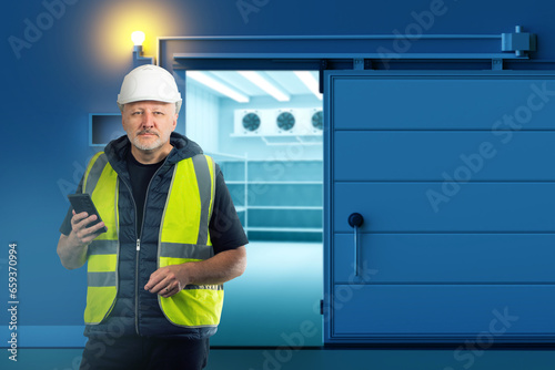 Man near industrial refrigerator. Engineer inside factory. Refrigeration equipment setup specialist. Engineer with phone at entrance to warehouse refrigerator. Man near gate to storage refrigerator