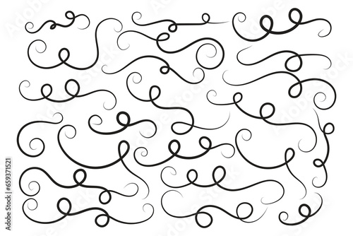 Vintage Filigree Swirls, calligraphy decorative scroll, Fancy Line Flourishes Swirls Elements, vintage curly thin line Text Ornaments, curls text divider flourish Swirl, calligraphic curl lines 
