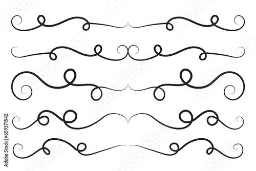 Vintage Filigree Swirls, calligraphy decorative scroll, Fancy Line Flourishes Swirls Elements, vintage curly thin line Text Ornaments, curls text divider flourish Swirl, calligraphic curl lines 