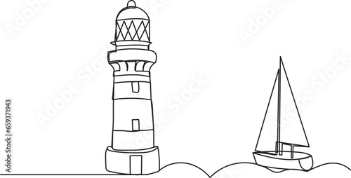 lighthouse and sail continuous line drawing, on a white background, vector © zolotons