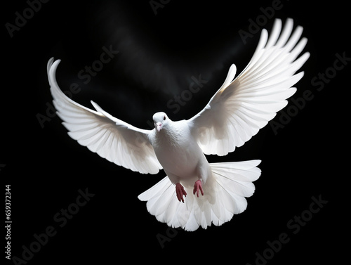Flying white dove isolated on black background. Concept of white dove is a symbol of the Holy Spirit. Christian Holiday Pentecost Concept. © Emmy Ljs