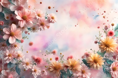 3D rendering of a watercolor-inspired festive background adorned with delicate and cheerful flowers  perfect for adding a touch of elegance and charm to your creative projects.