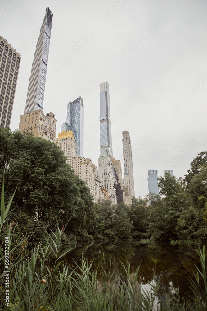Fototapeta premium scenic view of trees and lake against modern skyscrapers in new york city, autumnal metropolis scene