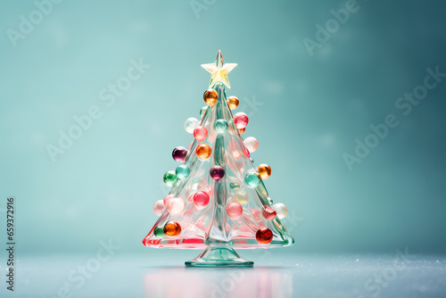 New Year Christmas tree made of glass, decorated with colorful candy crystal ball ornaments on a pastel teal blue background. Festive Xmas holiday season, modern banner design. photo