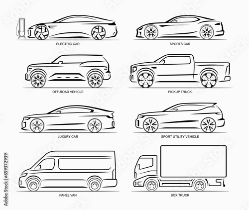 Set of vector car silhouettes. Side view of electric vehicle, sedan, coupe, SUV, off-road vehicle, panel van, pickup, box truck.