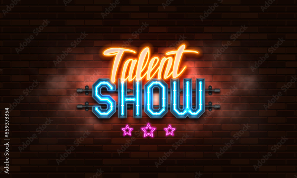 Talent Show. Retro neon sign on brick wall background. Vector illustration.