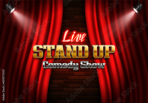 Bright Stand Up sign on red curtain background illuminated by spotlights. Vector illustration.