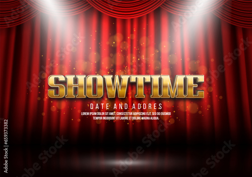 Showtime sign on red curtain background illuminated by spotlights. Vector illustration.