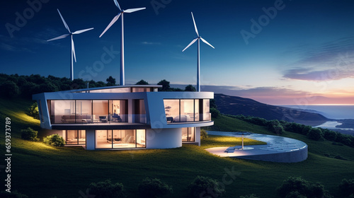Sustainable Bliss: A Modern Home Embracing Wind Turbines, a Symbol of Environmentally Conscious Living in the 21st Century © Moritz