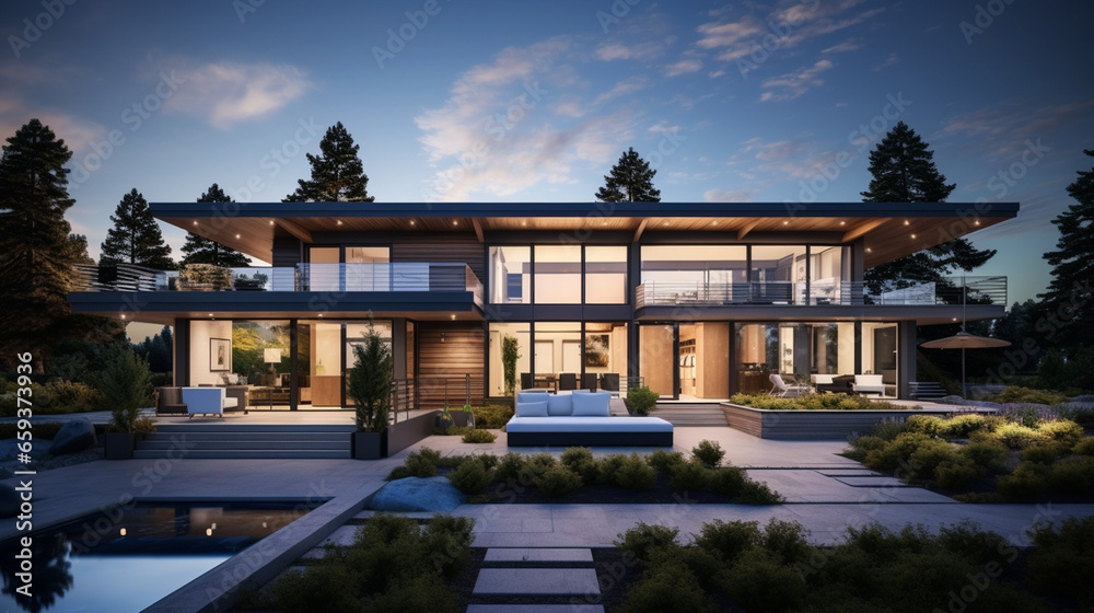 Sustainable Bliss: A Modern Home Embracing Wind Turbines, a Symbol of Environmentally Conscious Living in the 21st Century
