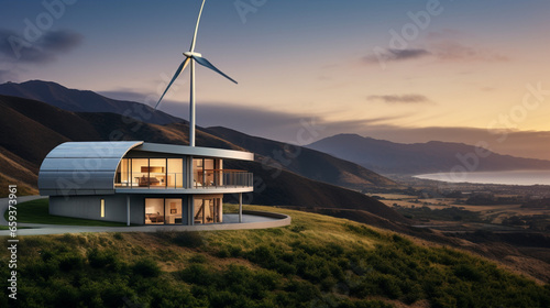 Sustainable Bliss: A Modern Home Embracing Wind Turbines, a Symbol of Environmentally Conscious Living in the 21st Century photo