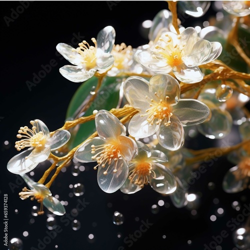 Bouquet of cherry blossoms with dew drops on black background