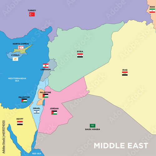 Middle East, stylized map with flags and state borders, vector illustration