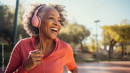 Senior black woman listening music at park
