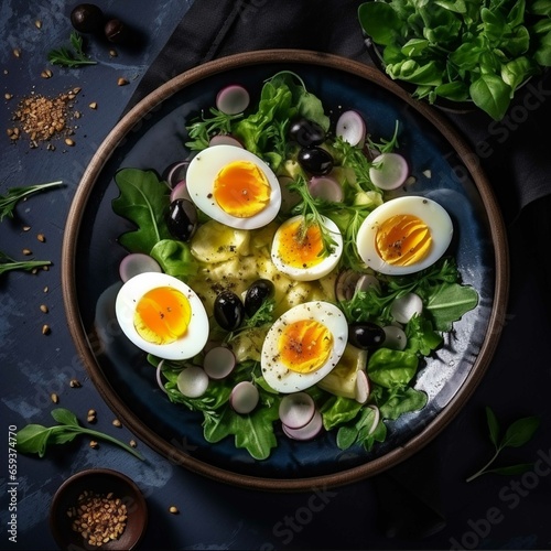 Salad with boiled eggs, olives and arugula. Top view