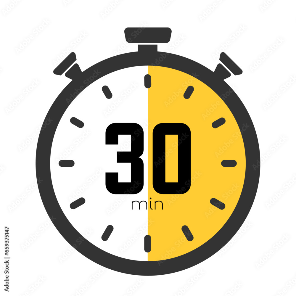 Thirty minutes stopwatch symbol, timer icon, cooking time, 30 minutes countdown, sports or cosmetic or chemical application time, 30 minute waiting time. Vector stock illustration. - obrazy, fototapety, plakaty 