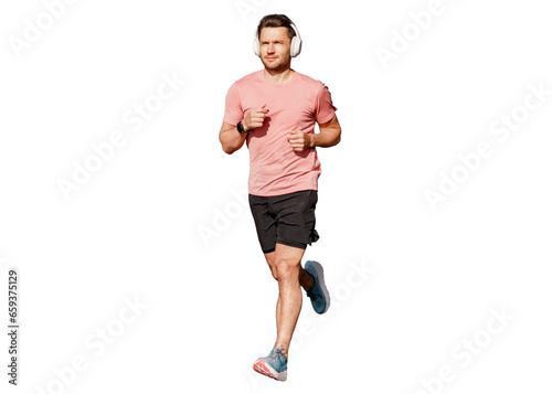 Fitness is a sporty person in sportswear and sneakers. Active athlete Male full-length runner training. Healthy lifestyle.  Transparent isolated background. © muse studio
