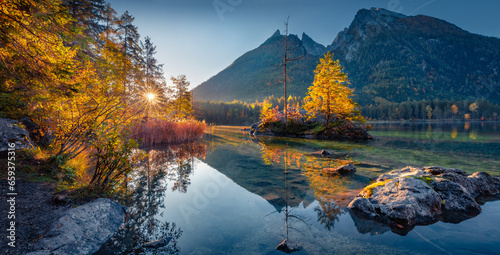 Fototapeta Naklejka Na Ścianę i Meble -  Majestic autumn view of Hintersee lake with Hochkalter peak on background, Germany, Europe. Calm morning view of Bavarian Alps. Beauty of nature concept background.