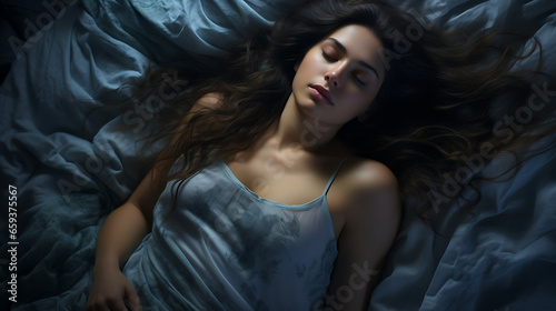 Young Woman Sleeping in Bed at Night