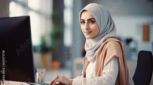 Attractive middle eastern woman posing at work photo