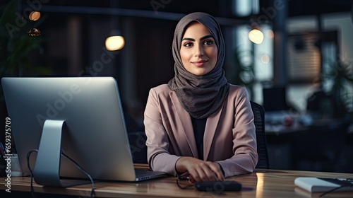 Attractive middle eastern woman posing at work