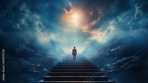 Man Ascending Stairs into Unknown Journey photo