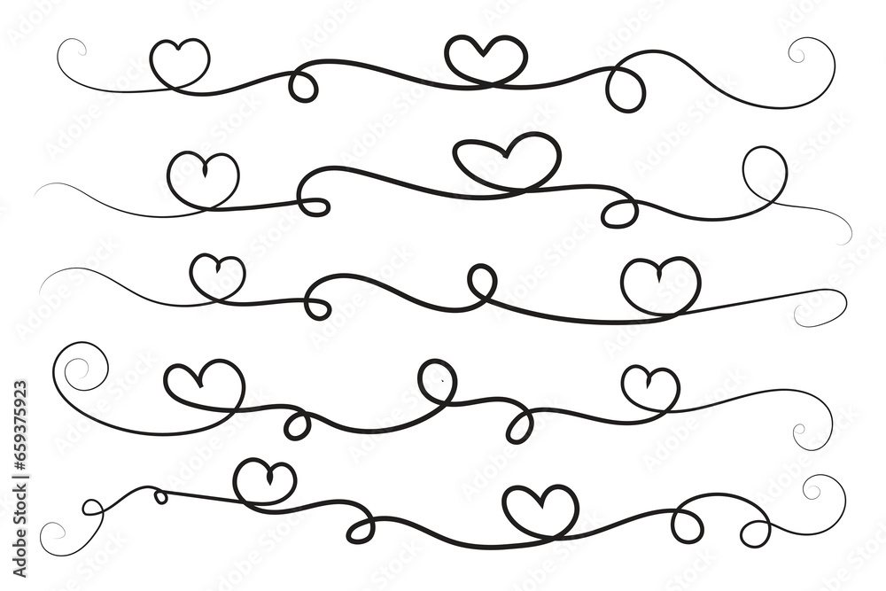 Filigree curly Calligraphic Heart, Fancy Line Flourishes Swirls hearts, curve romantic love sign, Valentines Day divider flourish Swirl, Calligraphy Flourish lettering header hearts scroll vector - obrazy, fototapety, plakaty 