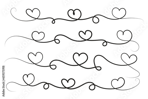 Filigree curly Calligraphic Heart, Fancy Line Flourishes Swirls hearts, curve romantic love sign, Valentines Day divider flourish Swirl, Calligraphy Flourish lettering header hearts scroll vector