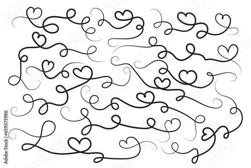 Filigree curly Calligraphic Heart, Fancy Line Flourishes Swirls hearts, curve romantic love sign, Valentines Day divider flourish Swirl, Calligraphy Flourish lettering header hearts scroll vector