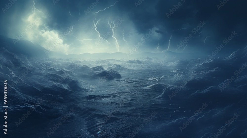 A storm is brewing at sea. The sea has waves. In the fog, the sea is rough. In the fog, a 3D landscape of a storm at sea. .