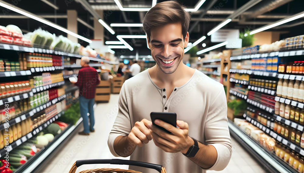 Smiling young man with a smartphone in a grocery shop